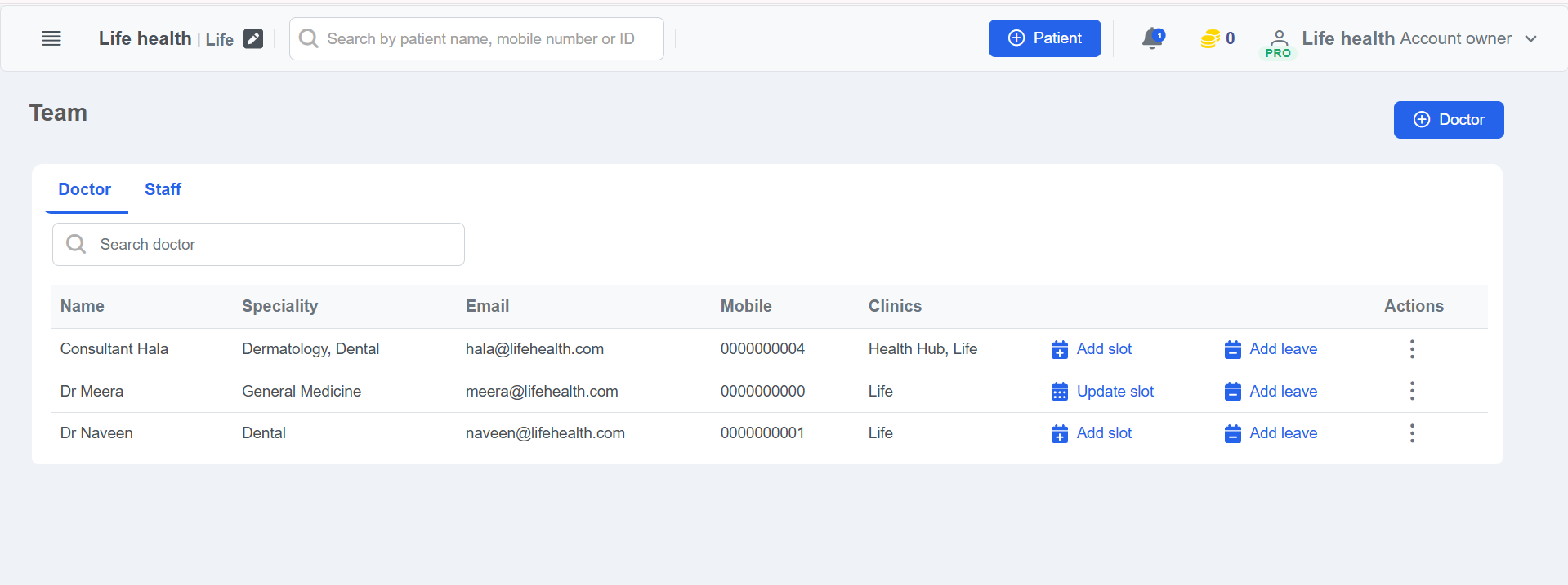 Clinicoz doctor management table
