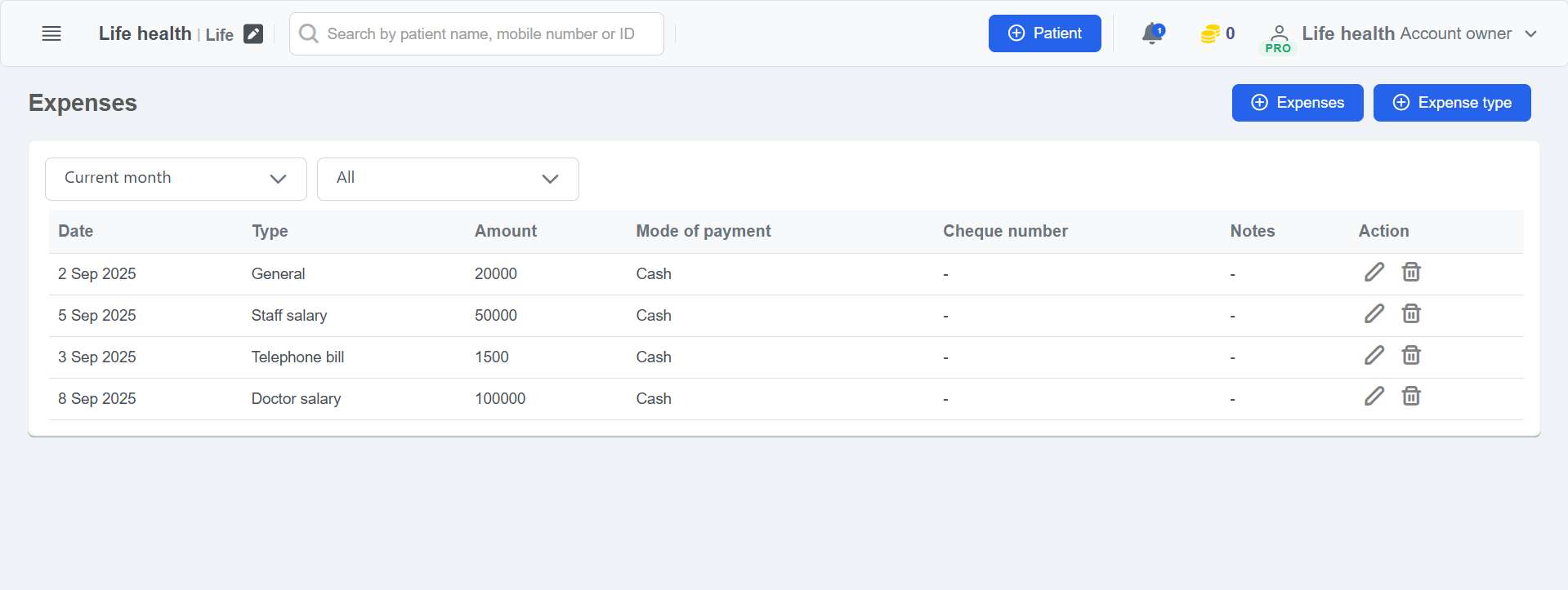 Clinicoz expenses management table