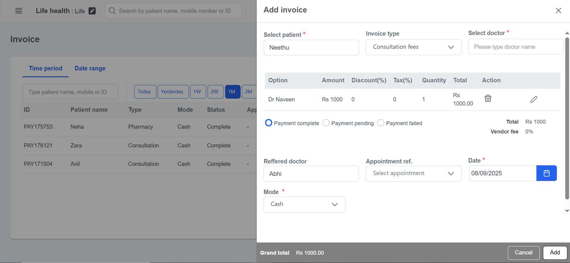 Clinicoz invoice bill management add form