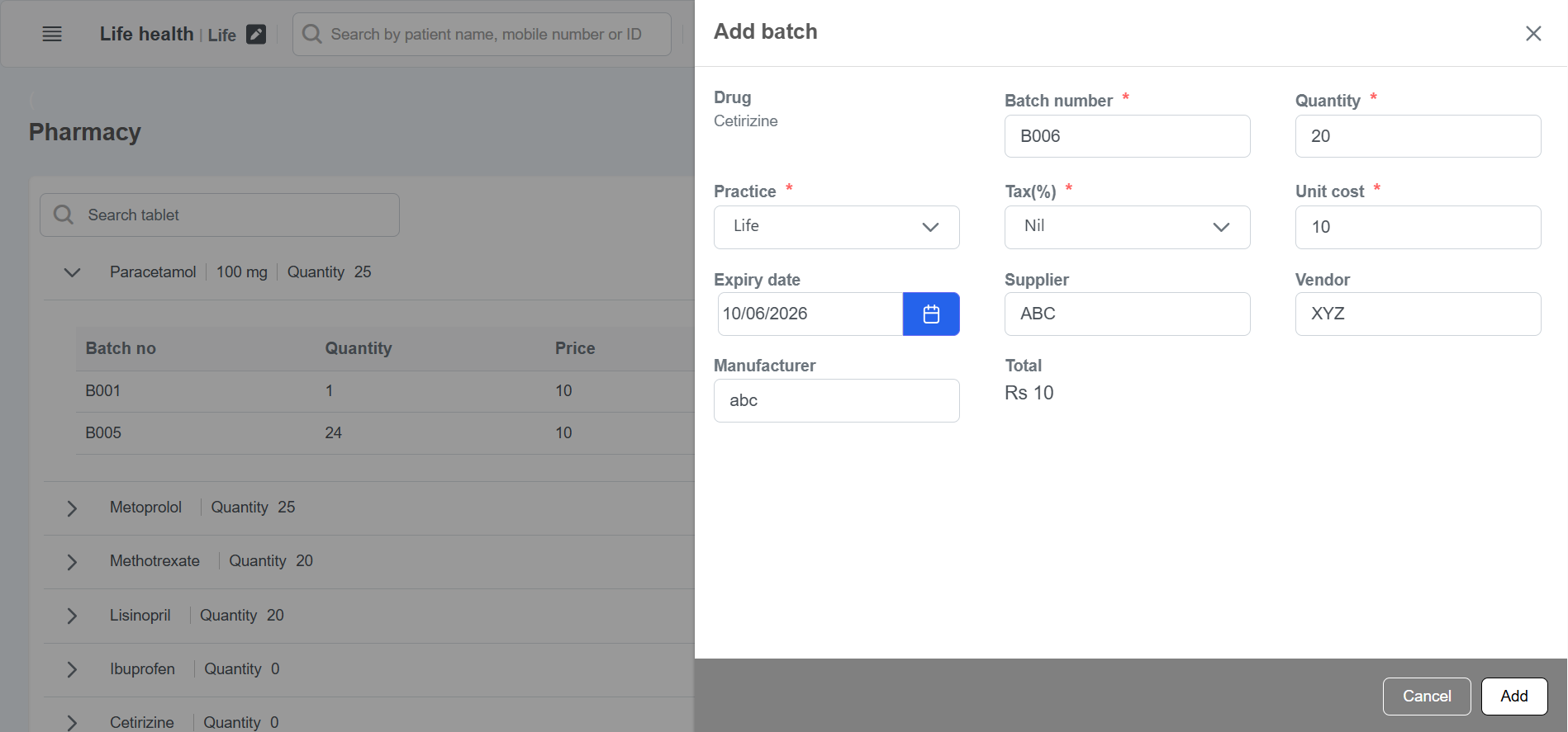 Clinicoz pharmacy and inventory add item