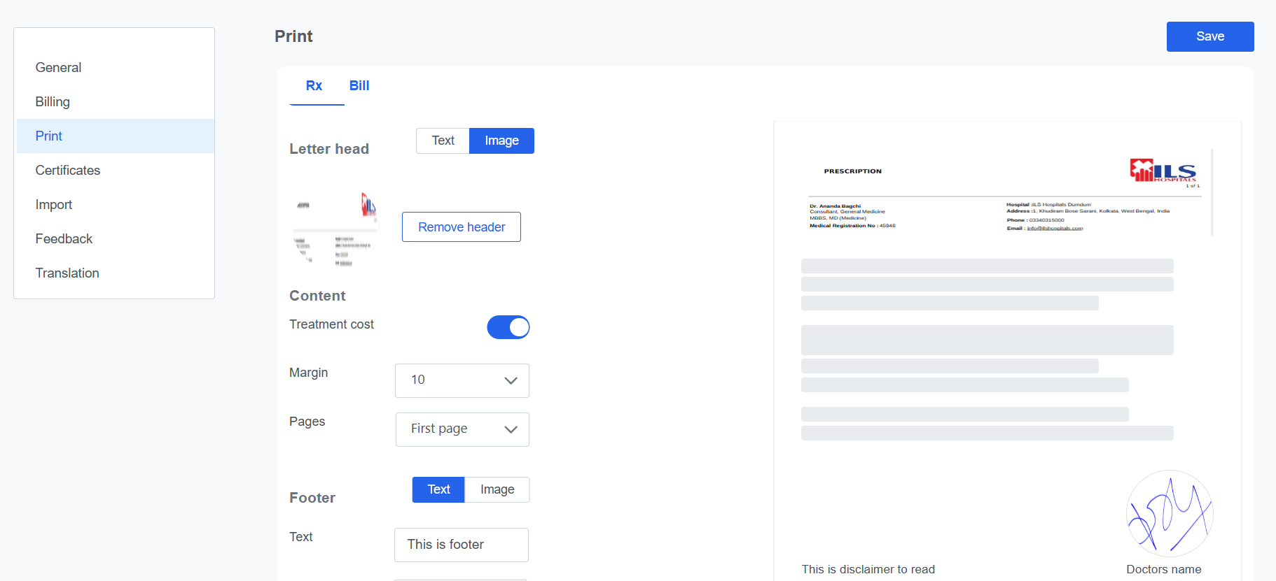 Clinicoz clinic Print and Letterhead settings for Patient Prescription and Bills