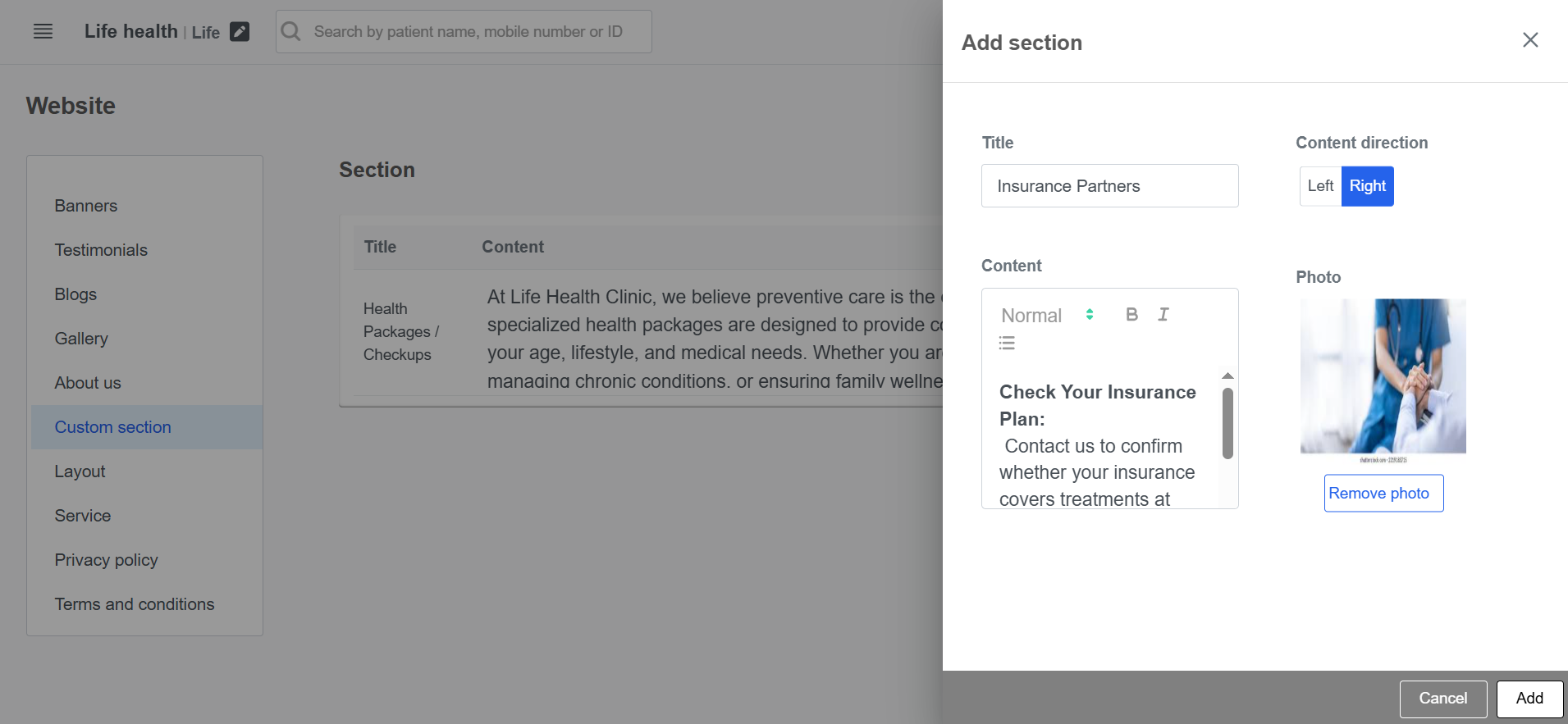 Clinicoz Free clinic website add section