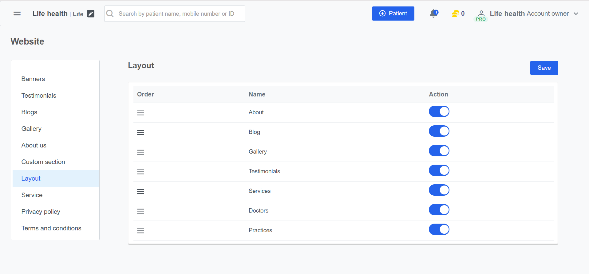 Clinicoz Free clinic website layout